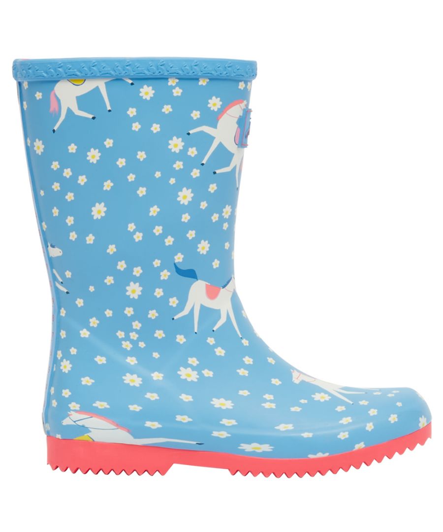 These wellies are made from a natural, flexible and lightweight rubber so they can be rolled up and down for easy carrying or packing. You know what that means - puddle jumping or running through the mud never has to be off the cards if you keep these in a bag or the boot! Aside from being able to play in the rain, what she'll love most is the hand-drawn print that adorns the wellies and the unique-to-Joules measuring tape to the back which will allow her to measure the depth of puddles or snow. When it comes to grip the water dispering outsole pushes water outwards giving the foot better contact with the ground. To ensure they stay in tip-top condition we've given them an easy wipe-clean construction and made the insoles removable so they can be washed or replaced when needed. There really are so many more features to explore (including a reflective back strip for safety when the grey clouds make it a little darker!) Psst... when storing the boots ensure you unroll them so they stand upright until their next use.