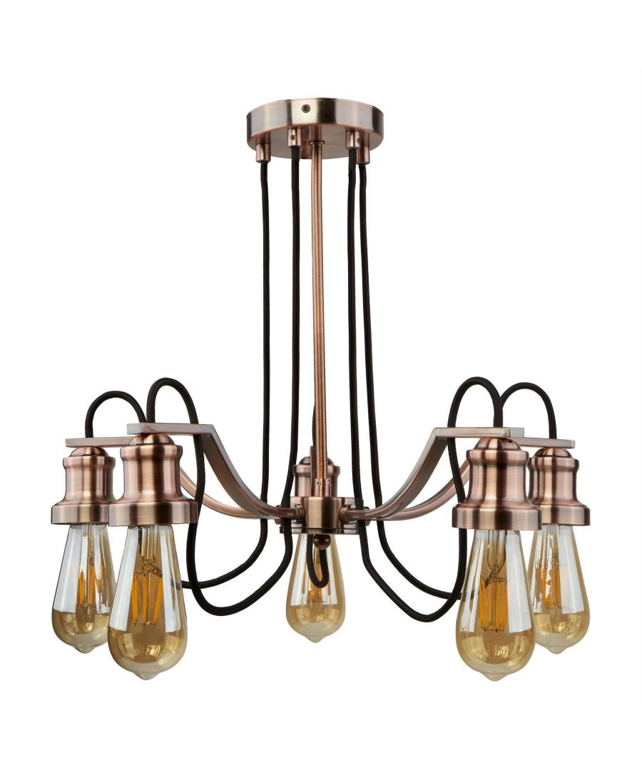 A contemporary twist on a classic design: this copper and black braided fabric cable fitting with exposed bulbs will add a modern touch to your home. The mix of copper and black is effortlessly chic and stylish. Perfect for providing a gentle glow to hall ways and bedrooms. The rounded shape of the fitting allows the light to shine in all directions; illuminating the entire area. The range offers a choice of different sized fittings, all of which are available in two different finishes. Class one. | Finish: Chrome, Black | Material: Metal | IP Rating: IP20 | Height (cm): 38.5 | Diameter (cm): 49 | No. of Lights: 5 | Lamp Type: E27 LED | Dimmable: Yes | Wattage (max): 10