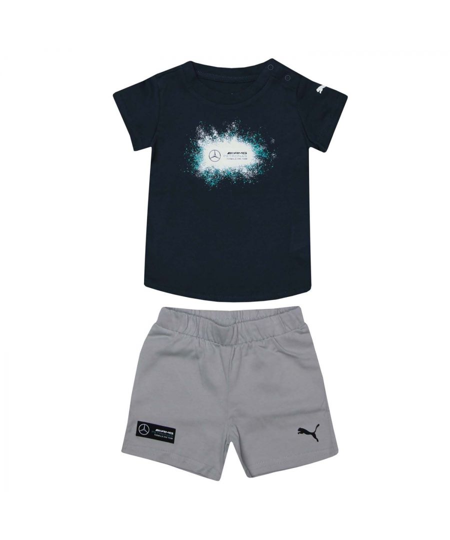 Baby Boys Puma Toddler Set in navy grey.- T- Shirt:- Crew neck.- Short sleeves.- Button placket on shoulder.- Regular fit.- Shell: 100% Cotton.- Shorts: - Elasticated waistband.- Regular fit.- Shell: 100% Cotton.- Ref: 53191604IB