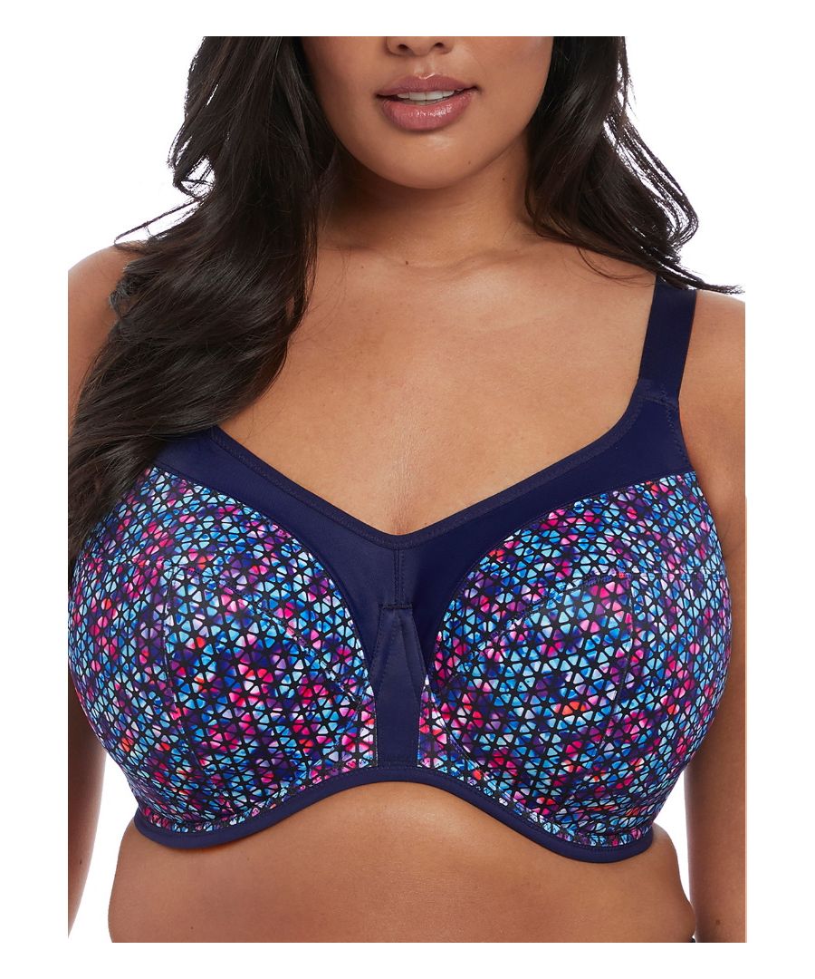 This extremely practical Elomi Energise J-Hook Underwired Sports Bra 8041 features a high neckline and full coverage.  It is both supportive and comfortable.  The four part cup's have a unique construction, the centre of the cups finish low so to avoid digging in.  The side support panels prevent side spill, rubbing  and provides a forward projection.  The moisture wicking is breathable so will keep you cool, dry and comfortable.  This sports bra is fitted with a movable J-hook on the shoulder straps.  This means you can convert it into a racerback at whatever position is the most comfortable.  The non stretchy cups will keep your breasts separated and the higher neckline with elasticated underarm edges minimize bounce to gives you confidence and an effective workout.  The wide wings and back fasten with a 4 hooks and eyes across 3 rows.   This plus size sports bra is the 'Queen' of sports bras and a must have in your workout gear!