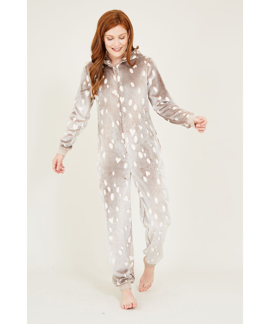 This Yumi Reindeer Luxury Fleece Onesie is this season's cosy festive essential. Crafted from supersoft, luxury fleece, perfect for relaxing inside on chilly evenings. Comes with hood complete with antlers and a zip through fastening - perfect paired with fluffy slippers.