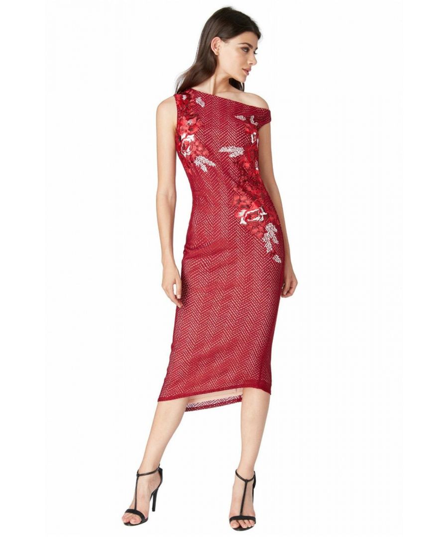 This sophisticated styled asymmetric midi dress is the perfect dress for office to evening. The many ways this  dress can be worn is endless, wear it for a party, an informal evening event, work, or for cocktails with the girls. The floral embroidery adds stunning detailing to an incredible classic style. Its bodycon appearance will show off your curves in all the right places.