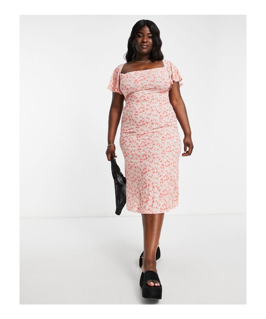 Plus-size dress by ASOS DESIGN Love at first scroll Floral print Square neck Flutter sleeves Tie detail to reverse Regular fit Sold by Asos