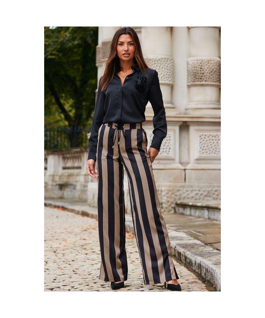 Sosandar Womens Black & Gold Stripe Satin Wide Leg Trousers - Size 18 Long