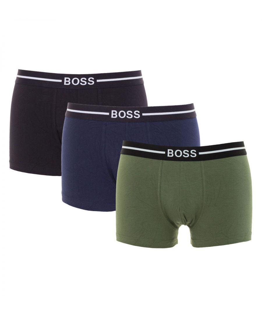 This three pack of boxer trunks from BOSS are crafted from stretch organic cotton. Featuring elasticated waistbands with contrast logo details that not only feels great on your skin, but is great for the planet. Three Pack, Stretch Organic Cotton, Coloured Elasticated Waistband, BOSS Branding, 95% Cotton & 5% Elastane.