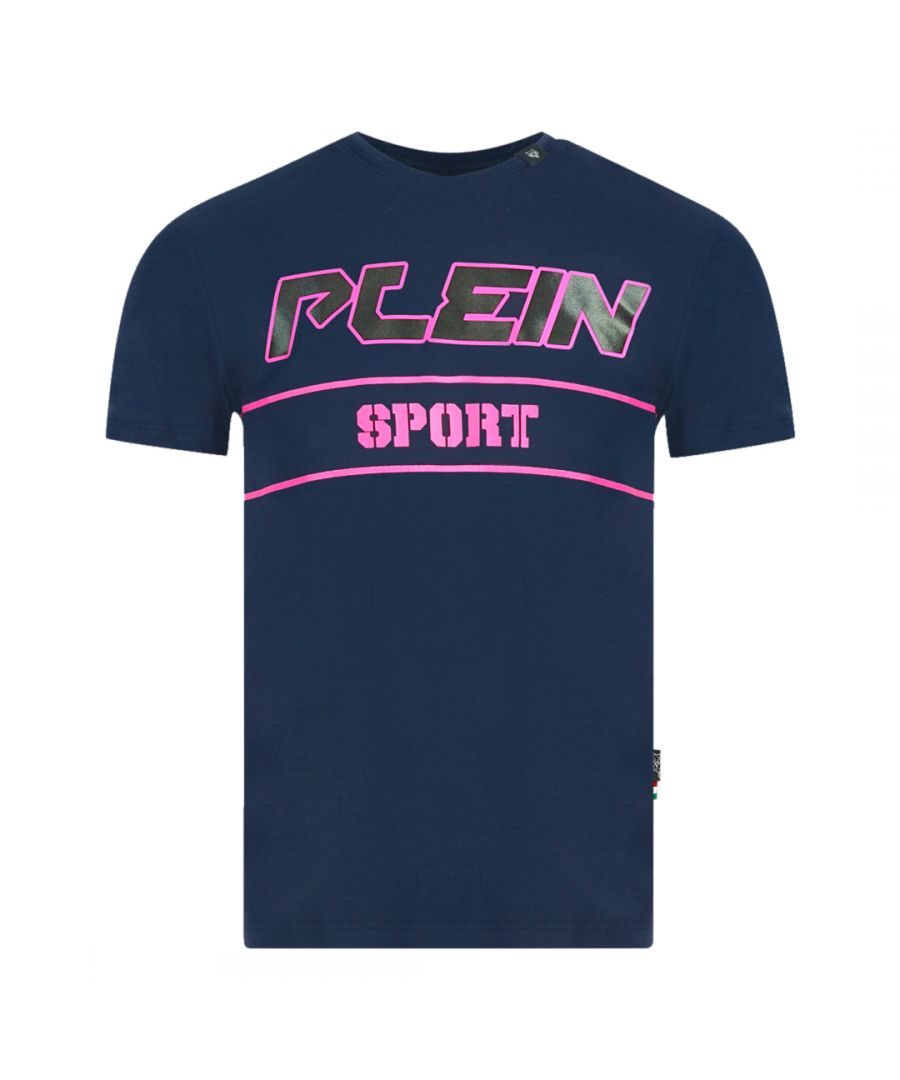 Philipp Plein Sport Block Pink Logo Navy Blue T-Shirt. Philipp Plein Sport Navy Blue Tee. Stretch Fit 95% Cotton, 5% Elastane. Made In Italy. Plein Branded Logo. Style Code: TIPS105IT 85