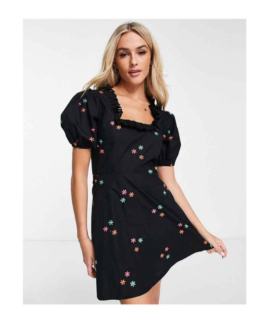 Miss Selfridge Womens Poplin Mini Dress In Black With Floral Embroidery - Size 6 Uk