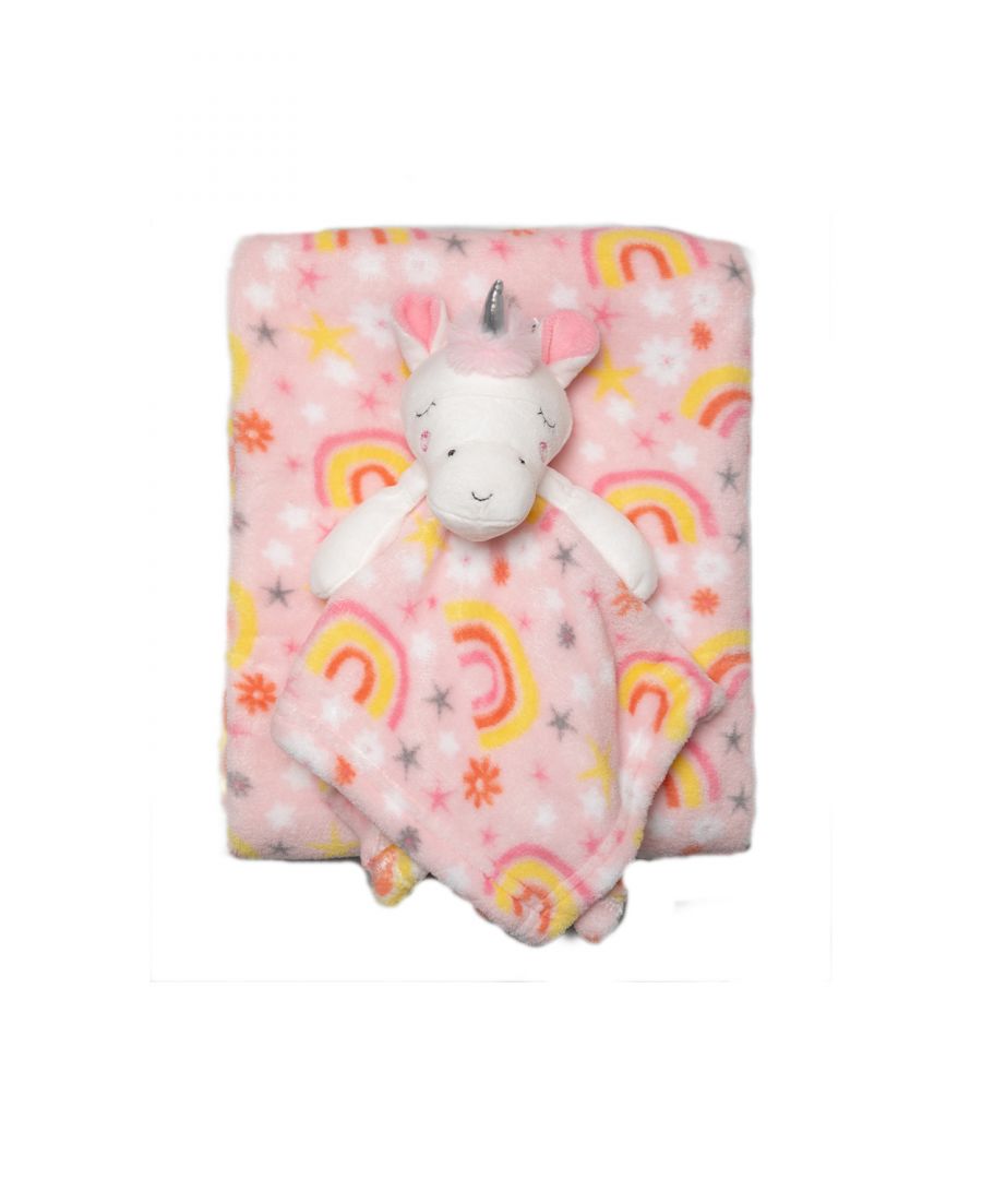 This adorable Snuggle Tots comforter and blanket set make the perfect gift for the little one in your life. The two-piece set features a beautiful, fluffy blanket with a rainbow-themed print, and a comforter with the same print with a cuddly unicorn toy attached. This set makes a lovely baby shower present.