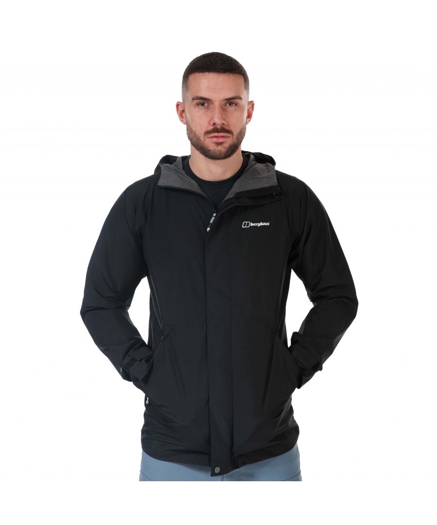 Mens Berghaus Charn Shell Jacket in black.- Adjustable hood with a stiffened peak.- Internal zipped hand pocket.- Two handwarmer pockets.- Adjustable hem.- PFC Free DWR (Durable Water Repellent) fabrics.- Lightweight and breathable.- Shell: 100% Polyamide with Polyurethane Membrane. - Ref: 4A001185BP6