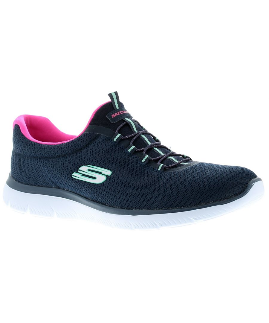 Skechers Summits Women's Slip-On Trainers. Bungee Laces Navy 3 - 8. Fabric Upper. Fabric Lining. Synthetic Sole. Ladies/Women's/Girls Fashion Trainer. Slip On Lightweight. Sport.