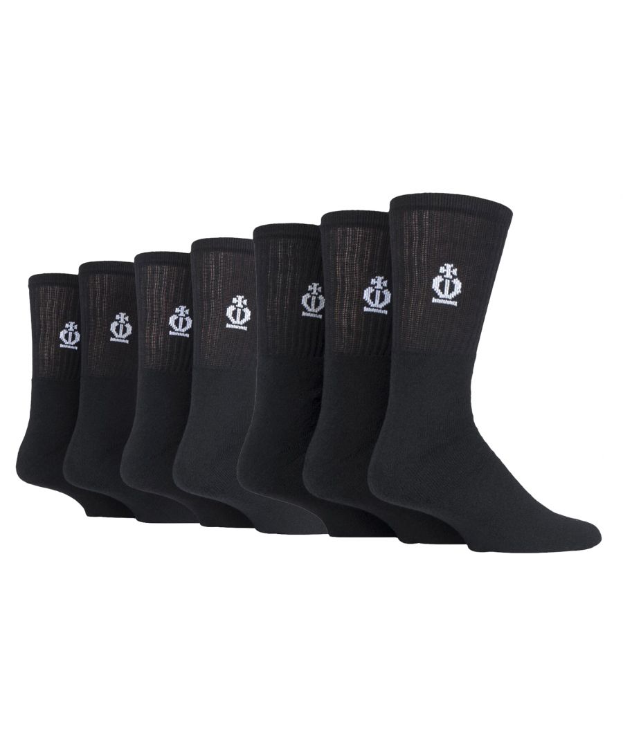 jeff banks - 7 pack mens cushioned cotton ribbed crew sport socks - black - size uk 7-11
