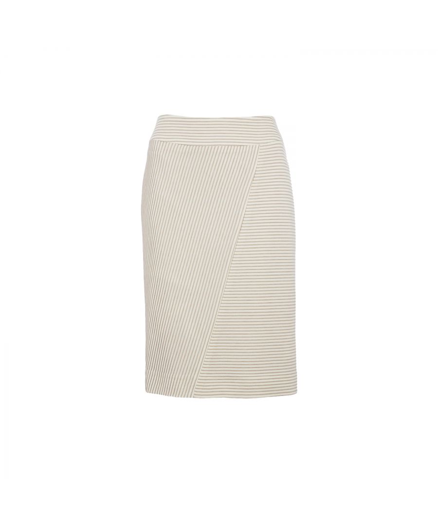 Pencil skirt in a stretch lined knit fabric in a cream-iron colour. A diagonal seam in the front and a vertical seam in the back. Cream lining. Wide waistband: 6cm. Small slit at the back: 9cm. Length for size 38: 61cm.
