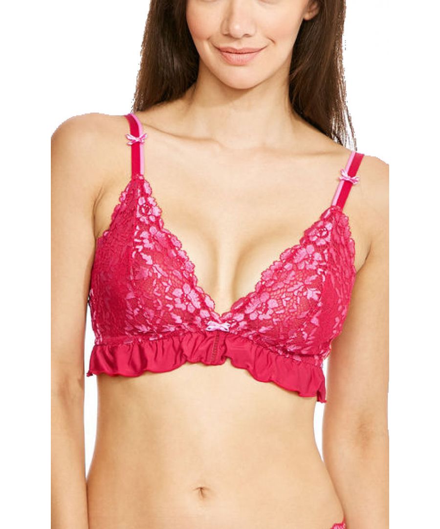 Pour Moi Fever boasts a gorgeous corded lace and bold, striking colours for an alluring, sexy look. This beautiful semi sheer bralette is non-wired for complete comfort and features a plunge neckline to highlight your cleavage for a flattering fit. Featuring ruffled detailing on the underbust and hook and eye to fasten at the back. Complete with double straps and 3 satin bows for a captivating look. Size Guide: 8-30, 10-32, 34-12, 36-14, 38-16, 40-18.