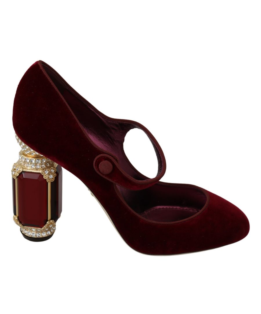 Image for Dolce & Gabbana Red Velvet Gold Crystals Heels Mary Jane Shoes