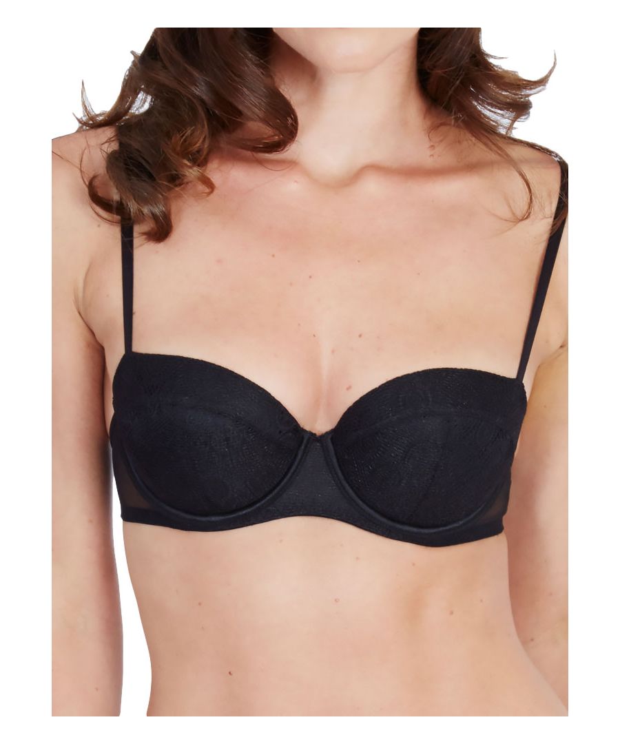 Lepel Geo Lace balcony bra 441110.  Look gorgeous in this underwired lightly padded moulded bra.  The mesh overlay covering the cups and the see-though mesh sides and back make this bra eye catching and a must have in your lingerie wardrobe.  The fully adjustable straps and underwires will provide a perfect fit and uplift.