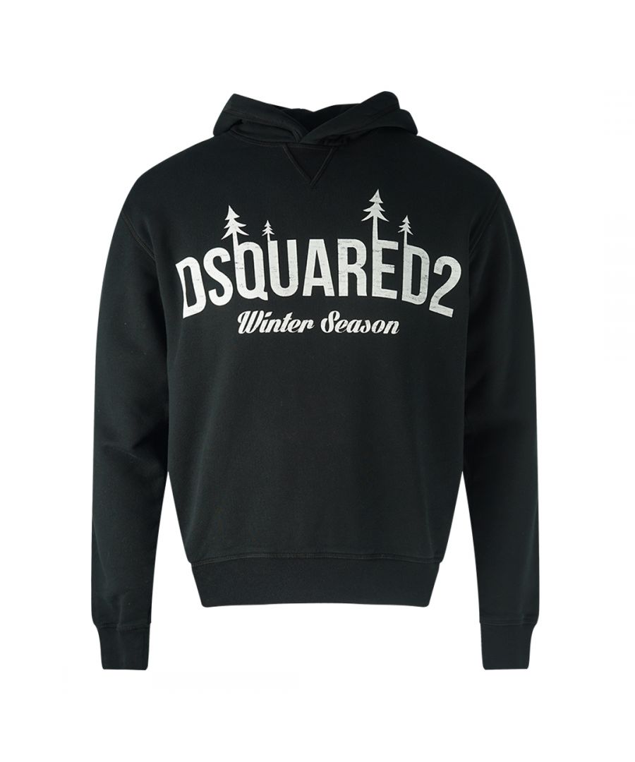 Dsquared2 zwarte hoodie in een normale pasvorm met 'Winter Season'-print. Dsquared2 zwarte hoodie. 100% katoen. Elastische hals, manchetten en taille. Groot logo. Stijlcode: S71GU0401 S25030 900