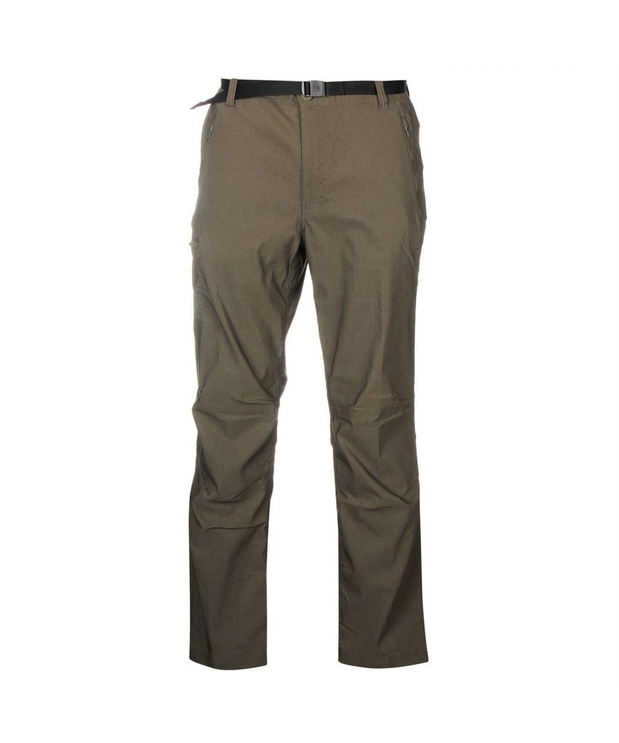 Karrimor Panther Trousers Mens\nThese Karrimor Panther Trousers are crafted with a button fastening waist and zip up fly for a secure fit. They feature a belt and 5 pockets for a classic look and are a lightweight construction. These trousers are designed with a signature logo and are complete with Karrimor branding.