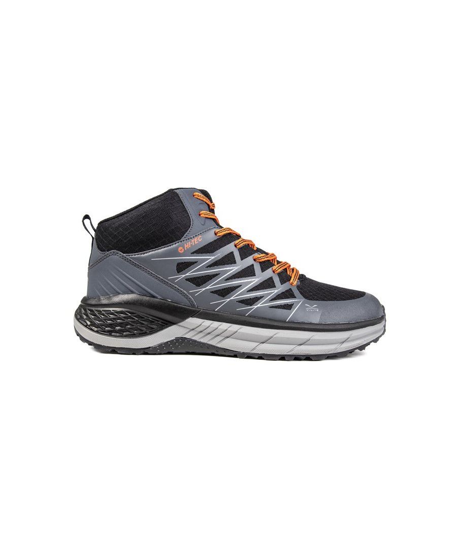 Mens Hi- Tec Trail Destroyer Mid Running Trainers in grey black.- Synthetic and Textile upper.- Lace closure.- Mesh upper detail.- Heel pull tab.- Padded heel and ankle collar.- Removable foam insole.- Reflective elements.- Hi-Tec branding throughout.- Rubber sole.- Ref:O010196050