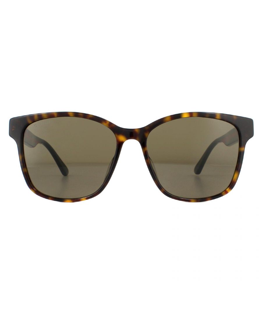 Gucci Sunglasses GG0417SK 003 Havana with Green and Red Stripe Brown are a simple square style crafted from thick lightweight acetate. Temples are finished with signature Gucci stripes and text logo.