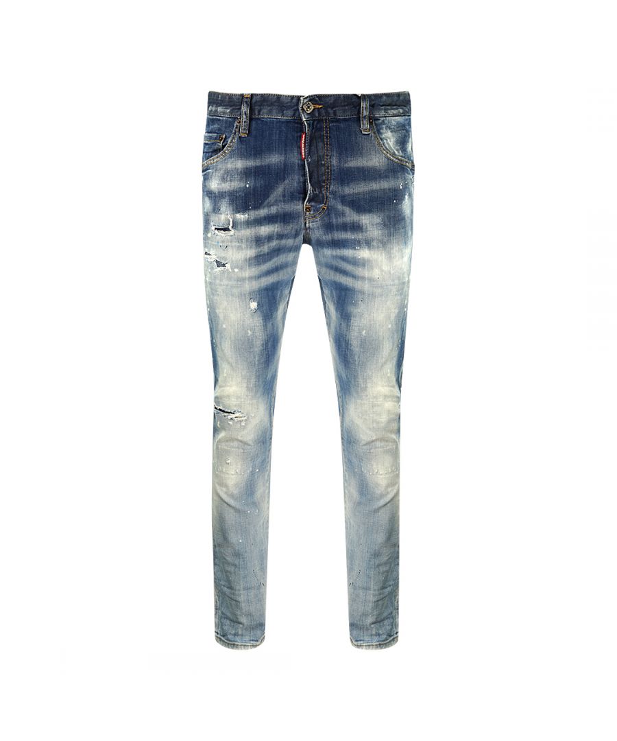 Dsquared2 Mens Skater Jean Distressed Paint Splash Effect Jeans - Blue Cotton - Size 38W/30L