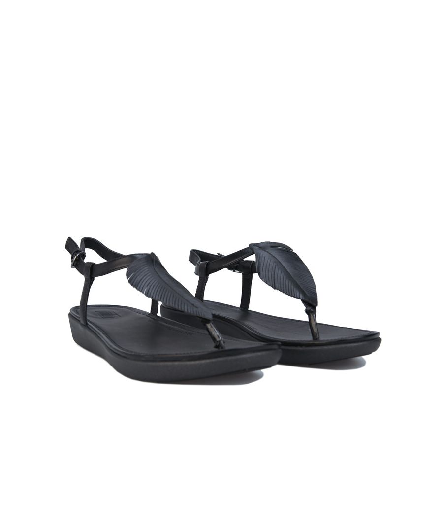 Womens Fit Flop Tia Feather Back Strap Sandals in black.- Leather upper.- Adjustable buckle fastening.- Metallic leather detailing around metallic-sprayed soles.- Duocomff technology.- Slip-Resistant rubber outsole.- Leather Upper  Textile Lining  Synthetic Sole.- Ref: DV1090