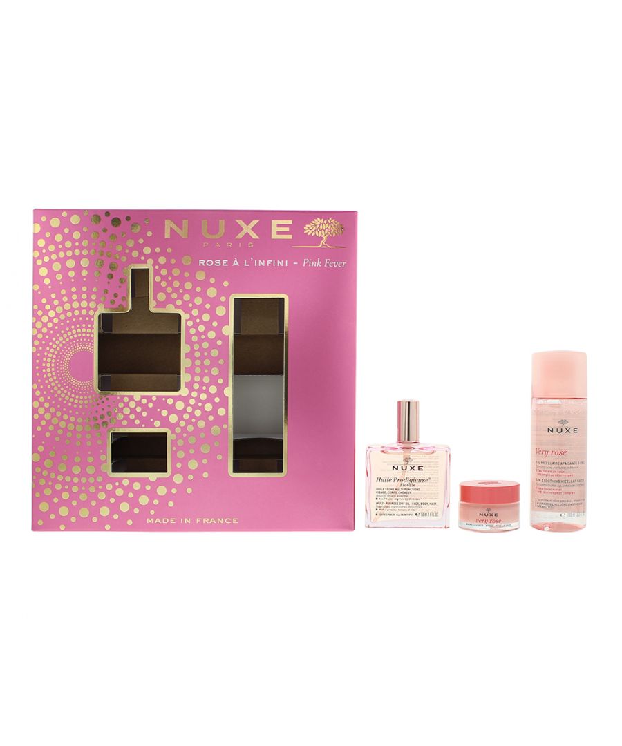 Nuxe Rose À L'infini 3 Piece Gift Set gives you all three iconic Pink Nuxe skincare products in one lovely  set to awaken your senses with its delicate fragrance. This set contains  Huile Prodigieuse Florale 50 ml, Very Rose 3-in-1 Soothing Micellar Water 100 ml and the soothing Very Rose Rose Lip Balm 15g