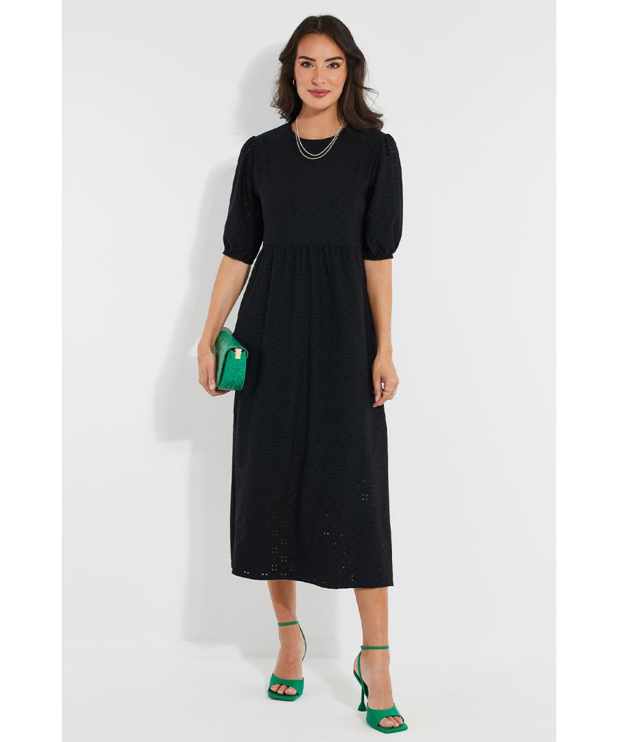 Freshen up your wardrobe with this broderie anglaise midi, smock dress from Threadbare. The dress features a round neckline, an empire waist, puff sleeves and a slip dress underneath. Team up with trainers for a casual look or heels for evenings out, other colours and styles are also available.