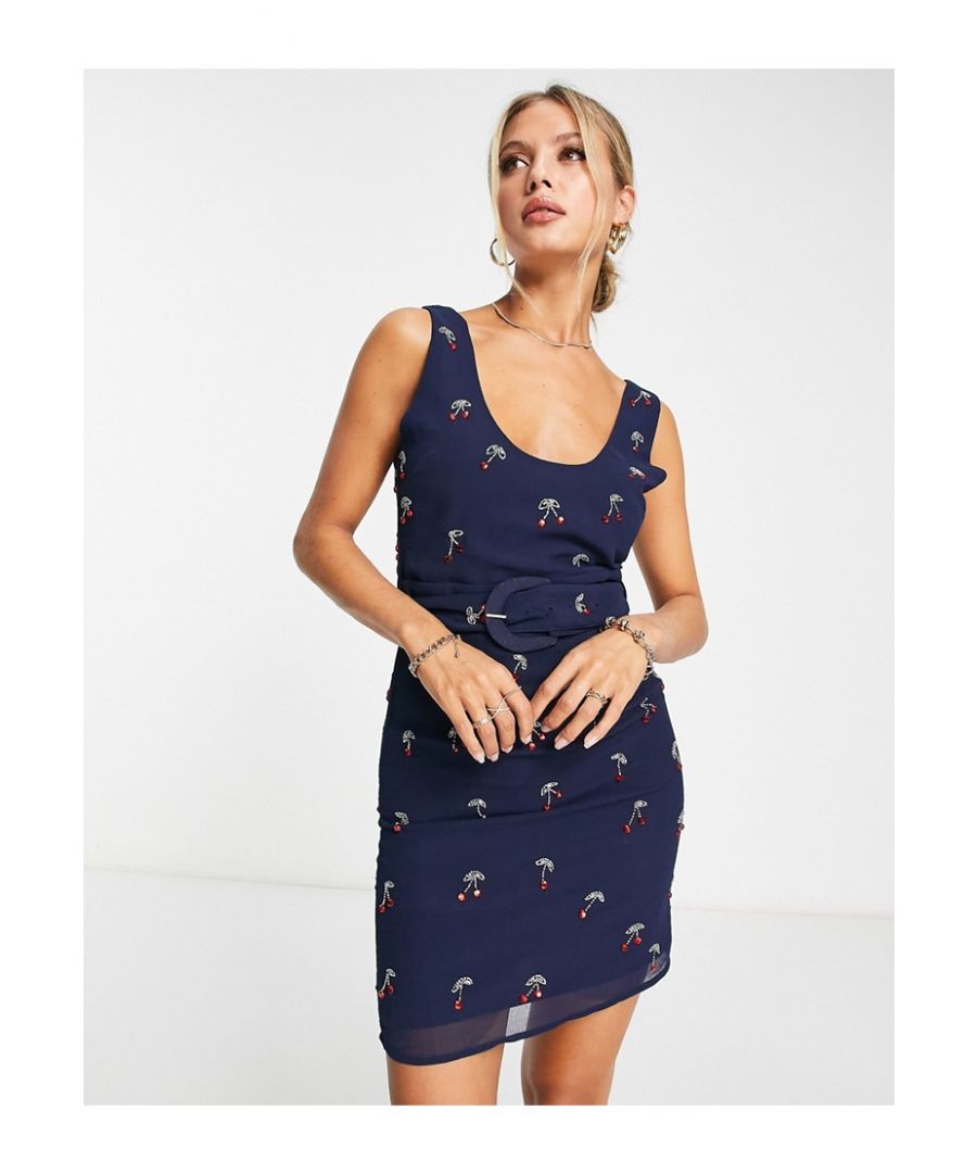 Dresses by ASOS DESIGN Do get caught wearing it twice Cherry embellishment Scoop neck Sleeveless style Belted waist Zip-back fastening Regular fit Sold by Asos