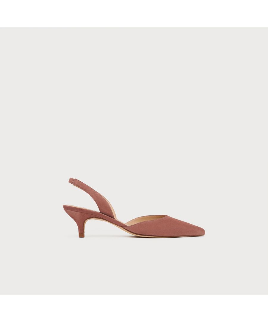 A shoe that will take you from work, to the weekend and even the season's many occasions, our Larissa slingbacks are totally spring-ready. Crafted in Spain from super-soft pink suede, this slingback design features a sleek pointed toe and sits on an elegant kitten heel. Wear them with a silk dress, a pair of tailored trousers or jeans - their versatility knows no bounds.
