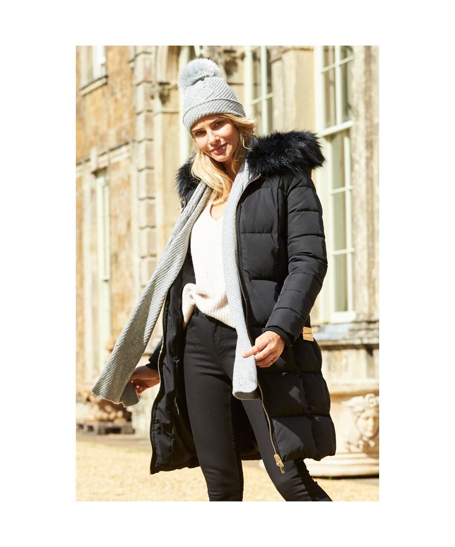REASONS TO BUY: \n\nIt's a cold weather essential\nGo-with-everything light grey shade\nClassic and cosy cable knit\nLong enough to wrap up in\nPair it with the matching bobble hat\nAdd our padded coat for extra cosy factor