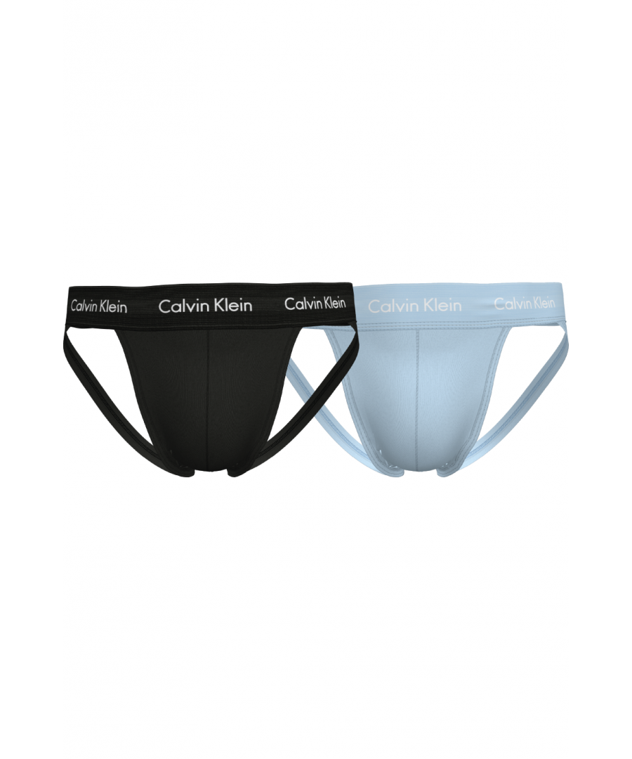 Calvin Klein Men's Jock Strap 2 Pack. Lets hear it for the back, stand out in the crowd in this bold design. The Men's Jock Strap is made from a soft cotton blend. Featuring a medium rise waist to ensure a superior fit. Completed with the iconic logo waistband.