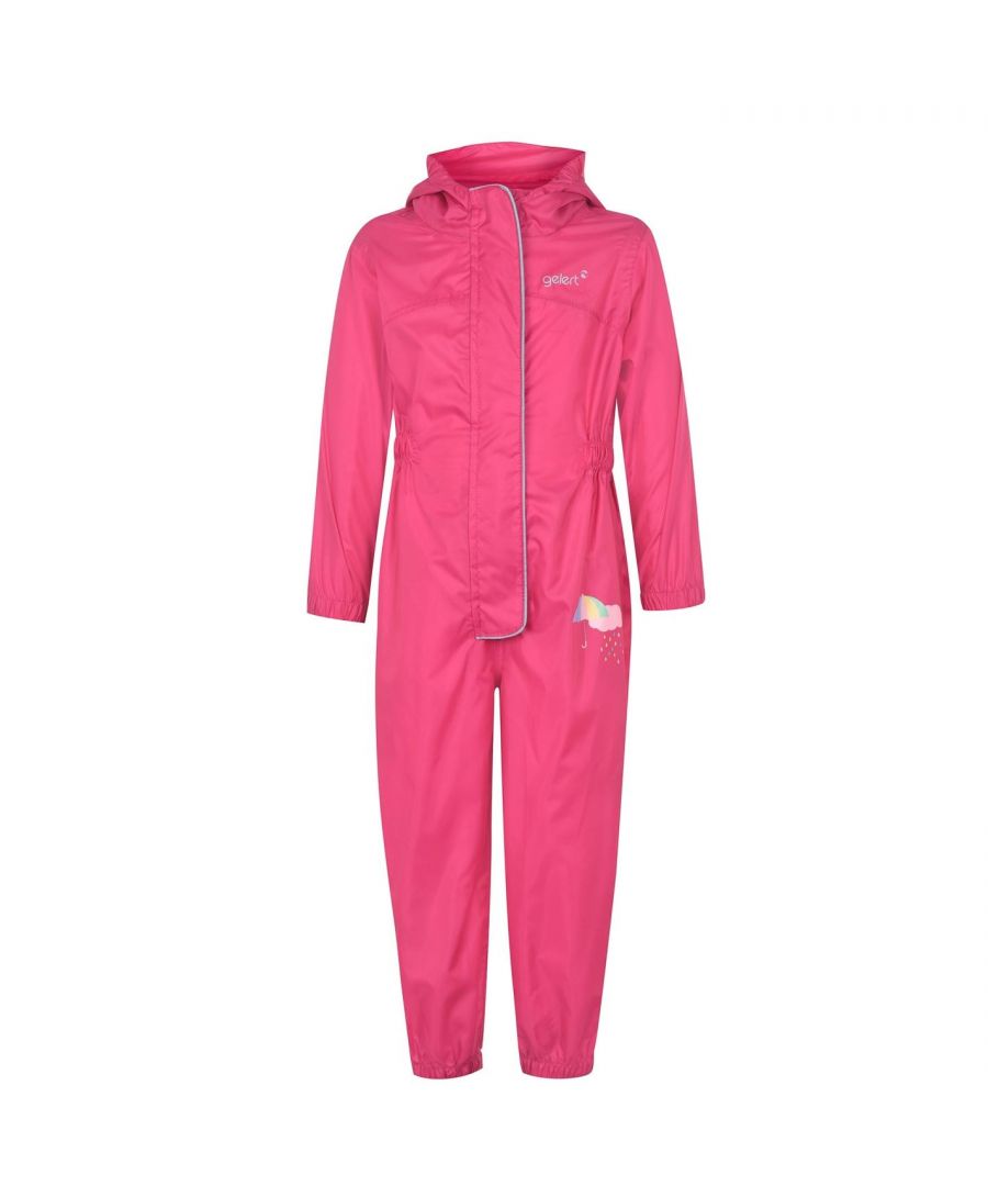 <h2>Gelert Waterproof Suit Infants</h2>\nThe <strong>Gelert Waterproof Suit</strong> is perfect for all those rainy days at school or on holiday, featuring a lined hood with elasticated sides for better protection form the wind, coupled with an elasticated waist cuffs and ankles for added comfort. This <strong> Kids Waterproof Suit </strong> is completed with a full length zip and hook and loop tape fastenings, finished off with the Gelert logo.\n\n> <strong> Kids Shower suit </strong>\n> Elasticated cuffs, ankles, waist and hood\n> Lined hood\n> Zip\n> Hook and loop tape\n> Logo\n> Material 100% polyester\n> Machine washable