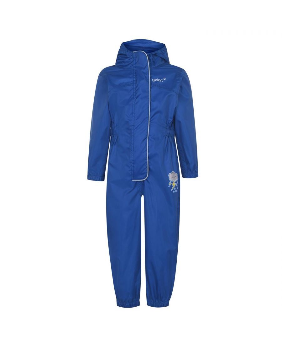 <strong> Gelert Waterproof Suit Infants</strong><br><br> \nThe <strong> Gelert Waterproof Suit</strong> is perfect for all those rainy days at school or on holiday, featuring a lined hood with elasticated sides for better protection form the wind, coupled with an elasticated waist cuffs and ankles for added comfort. This <strong> Kids Waterproof Suit </strong> is completed with a full length zip and hook and loop tape fastenings, finished off with the Gelert logo.\n\n<br><br>> <strong> Kids Shower suit </strong> \n<br>> Elasticated cuffs, ankles, waist and hood\n<br>> Lined hood\n<br>> Zip\n<br>> Hook and loop tape\n<br>> Logo\n<br>> Material 100% polyester\n<br>> Machine washable
