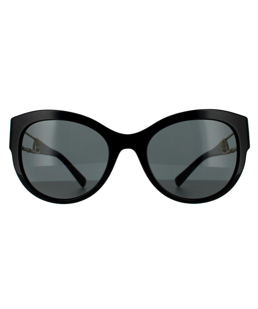 Versace Cat Eye Womens Black Dark Grey Sunglasses Versace are a cat eye design crafted from lightweight acetate. They have a split temple design featuring the classic Greca key pattern and with the Medusa head logo at the temples for authenticity.