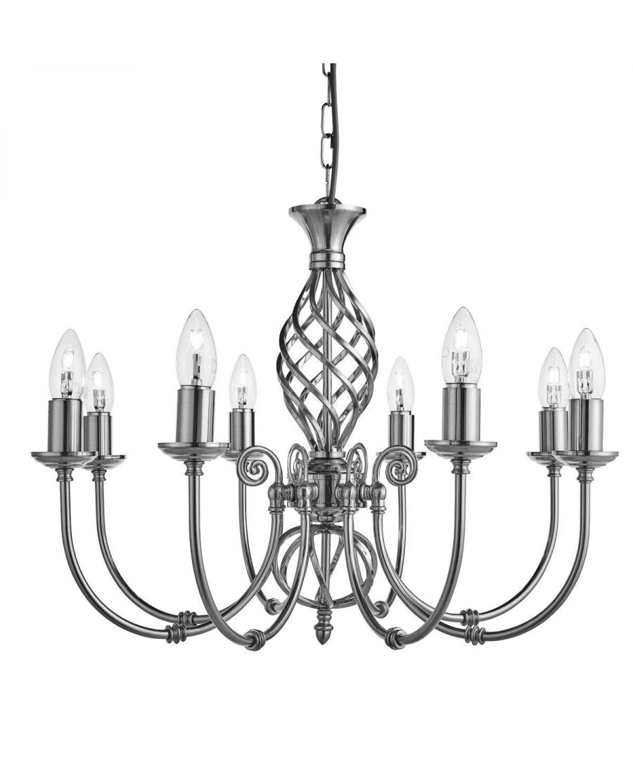 The candelabra fittings allow the light to shine in all directions. The middle pole of the fitting has a vintage design, allowing this range to match perfectly in an old-fashioned, wood-walled dining room. The range offers a choice of sizes to suit all room sizes. This eight light ceiling light is also available in six and three light ceiling lights and a matching wall light. All fittings are available in antique brass and satin silver, and some are also available in black. | Finish: Satin Silver | IP Rating: IP20 | Height (cm): 96 | Diameter (cm): 62 | No. of Lights: 8 | Lamp Type: E14 | Dimmable: Yes | Wattage (max): 60 | Weight (kg): 3 | Class: 1 (Earthed) | Bulb Included: No