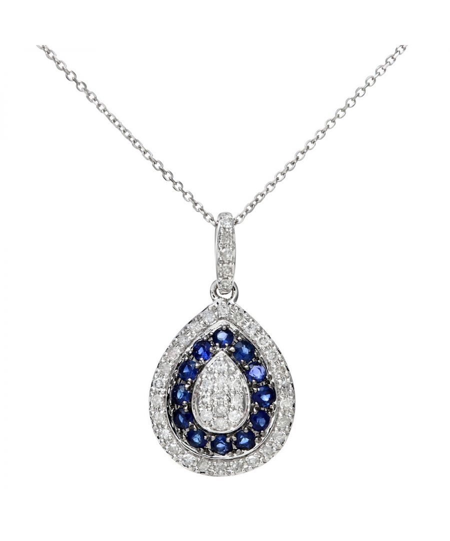 9kt witgoud 0,25 ct blauwe saffier en diamanten afwisselende druppelvormige hanger met ketting van 40 cm