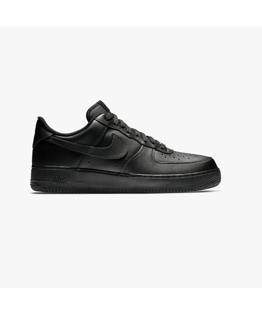 A clean, all-black take on a Nike icon, these Air Force 1 07 sneakers show off a premium leather build. They’re authentically styled with perforations and Swoosh branding, and completed with encapsulated Air cushioning embedded underfoot.\nLeather Uppers\nFoam Midsole\nAir Cushioning\nRubber Outsole\nStyle Code: CW2288-001