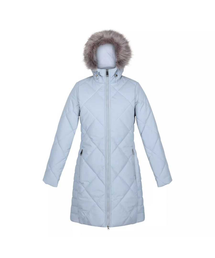 Material: 100% Polyester. Fabric: Baffled, Micro Poplin. Lining: Taffeta. Design: Logo. High Warmth. Fabric Technology: Insulating, Quick Dry, Thermo-Guard, Water Repellent. Neckline: Hooded. Sleeve-Type: Long-Sleeved. Hood Features: Drawstring, Faux Fur Trim, Grown On Hood. Length: Mid Length. Pockets: 2 Lower Pockets, Concealed Zip. Fastening: Two Way Zip.
