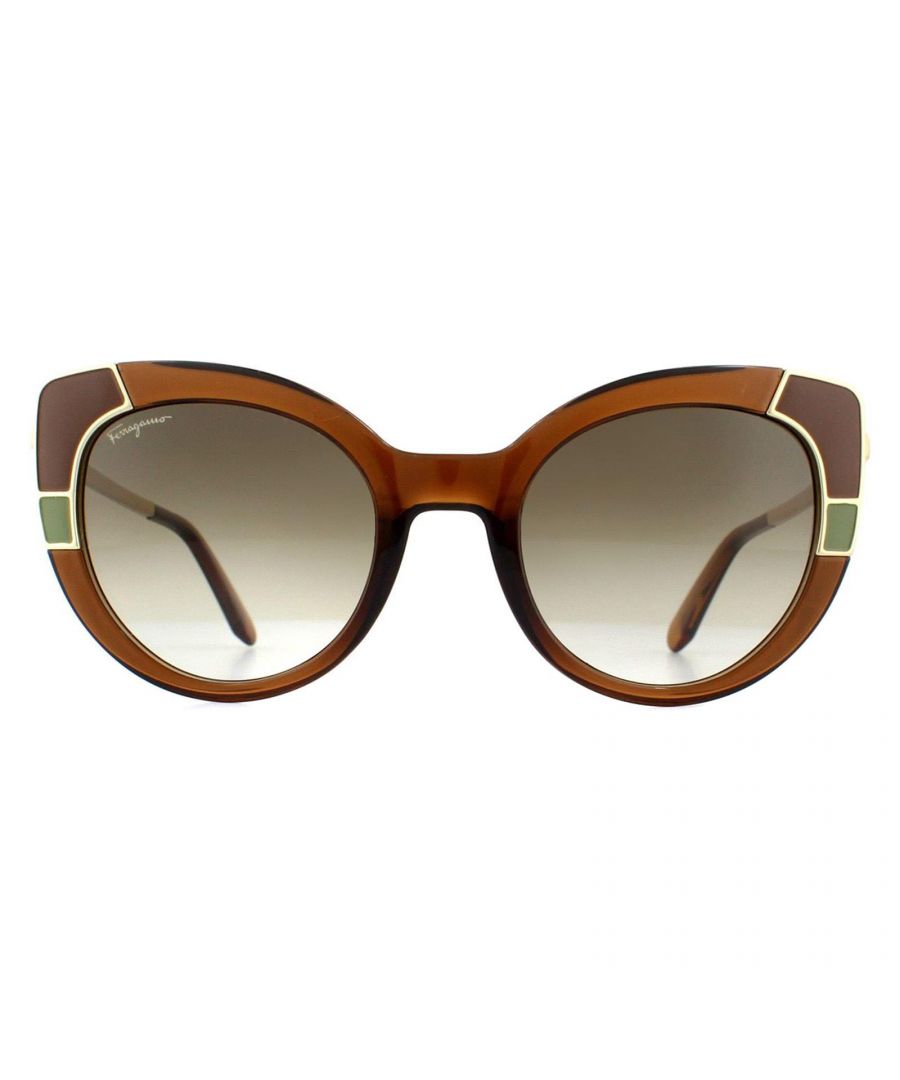 Salvatore Ferragamo Sunglasses SF890S 210 Crystal Brown Grey Gradient feature some lovely detailing to the front frame corners where the cat's eye shape kicks in. These Ferragamo sunglasses are handmade in Italy to perfection.