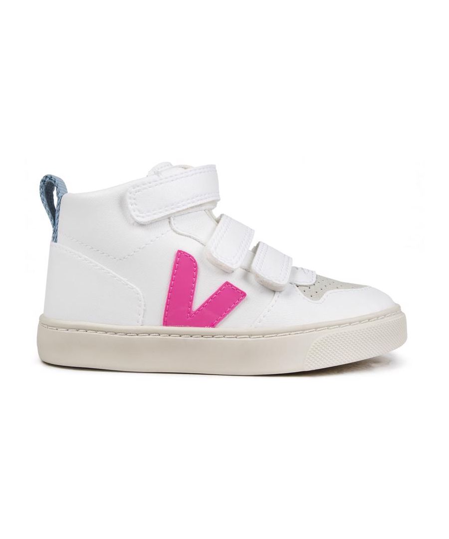 Infants white Veja v-10 mid trainers, manufactured with synthetic and a rubber sole. Featuring: padded textile lining, branded heel and dual hook and loop closure.