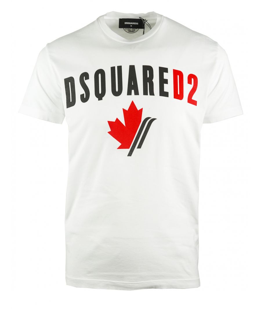 Dsquared2 wit T-shirt. Rood Maple Leaf-logo. 100% katoen. Gemaakt in Italië. Stijlcode: S74GD0563 S22427 100