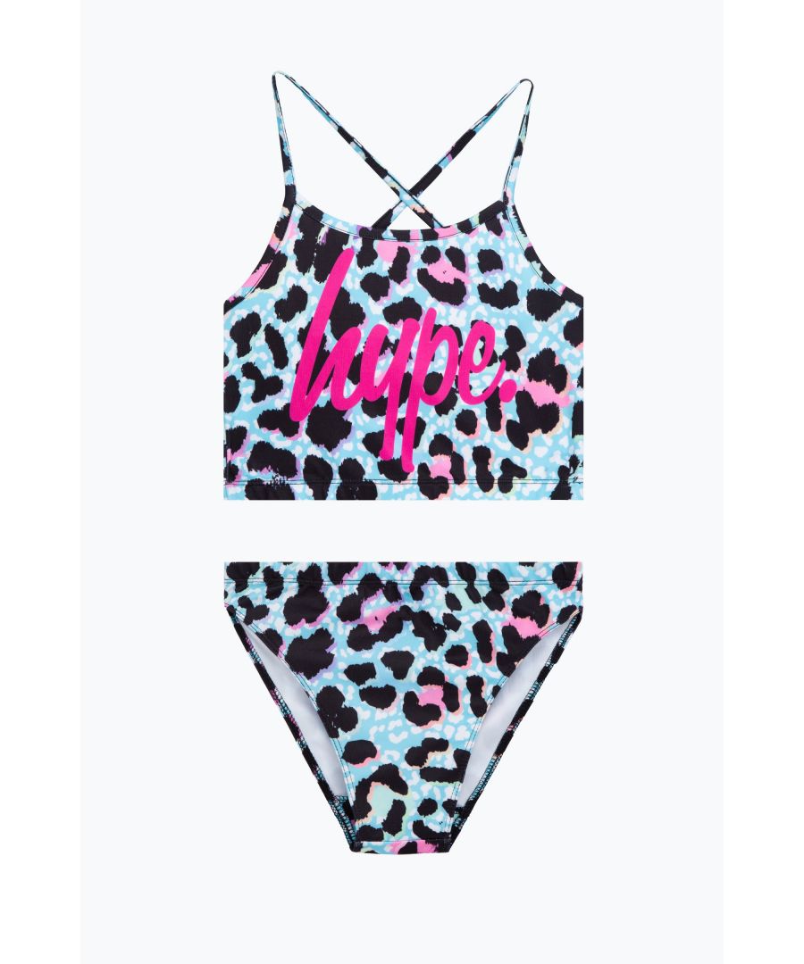 Swim is in. Meet the ultimate girls swimwear you'll want to wear everyday of summer, the HYPE. Blue Ice Leopard Script Bikini. Consisting of a thin strap bikini top and brief bottoms, the design features our leopard inspired all-over print in an ice blue colour with the iconic HYPE. script logo in a contrasting bright pink across the front. Wear with the matching sliders, pair of sunnies and you're ready for the pool. Machine wash at 30 degrees.