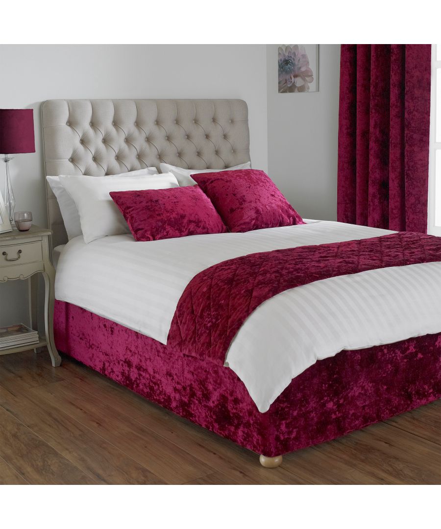 Wrap your bed up in style with the Verona crushed velvet-look bed wrap to bring a touch of opulence into your home. The velvet soft fabric is the perfect addition to dress up your bed frame with a variety of opulently shimmering, multitonal colours from elegant Ivory Cream to the more bold and daring Wine Red. The rim is elasticated making it easy to use and appropriate for a range of bed sizes. Velvet has been picked as the statement fabric of choice for home interiors this year. Plush and regal the construction of the fabric allows it to catch and reflect light giving it a shimmering appearance. Velvet products have intensely rich colours and suit funkier, nontraditional spaces. Velvet is thick giving it room darkening properties along with an insulation barrier. 