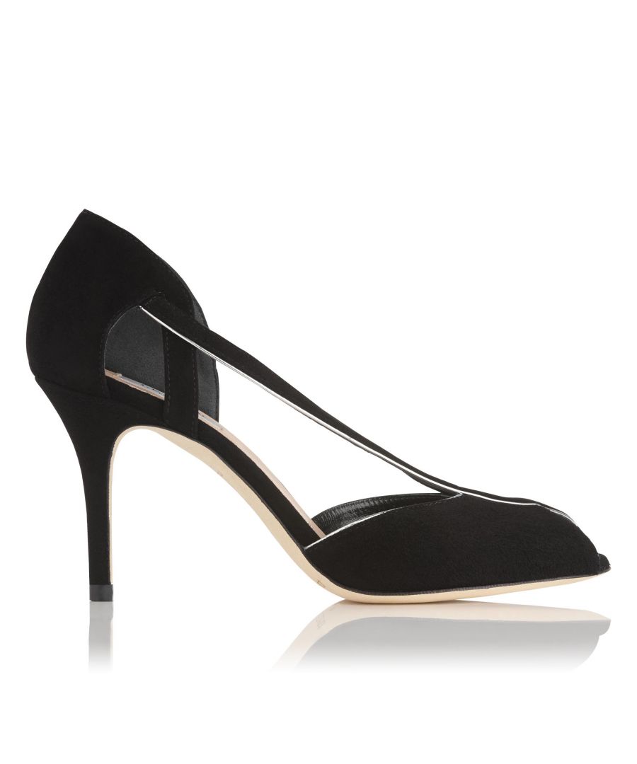 With an unmistakable Art Deco feel, the beautiful Liya sandals are designed with the party season in mind. Crafted from luxuriously-soft black suede, these peep toe stiletto sandals feature a curved strap across the front with a contrast trim and cut-out detail to the side of the heel. Wear with your favourite party dress and co-ordinate with a classic black clutch.