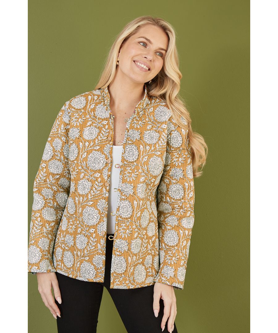 Yumi Womens Yellow Floral Print Reversible Cotton Quilted Jacket - Size 16 UK