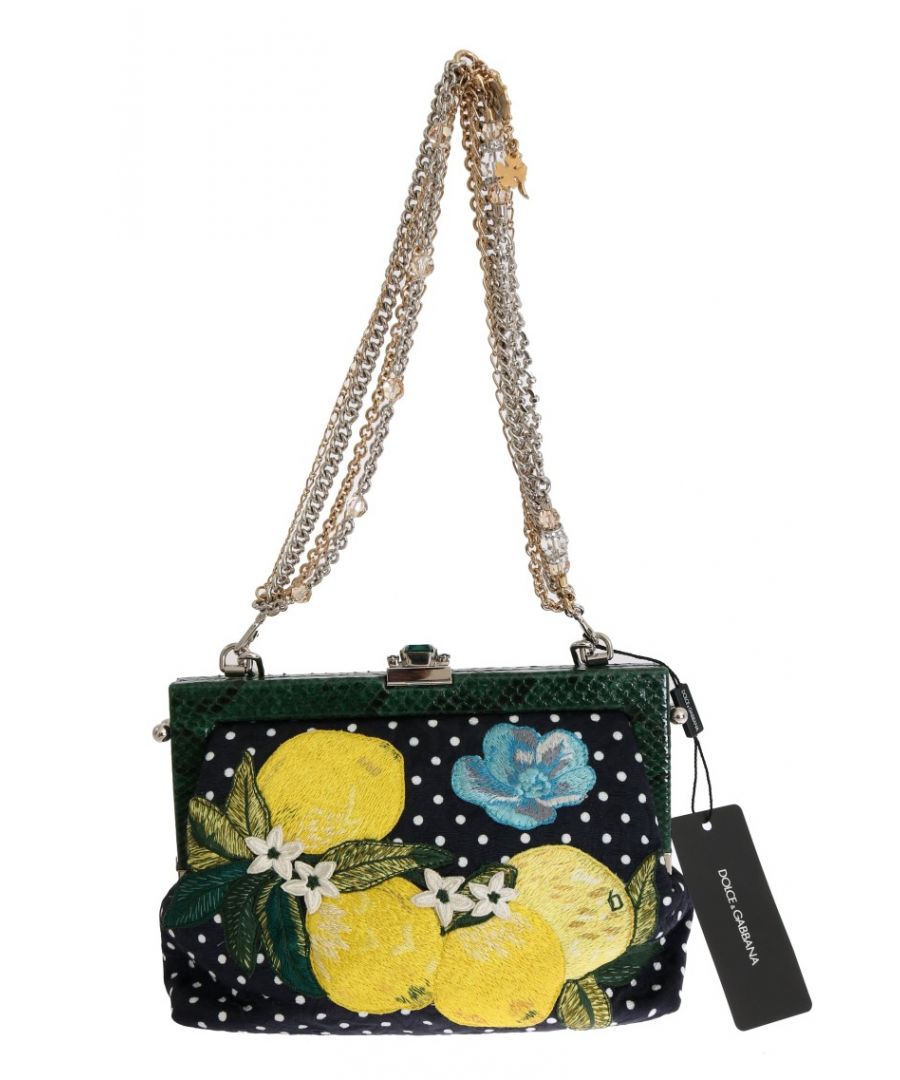 DOLCE GABBANA Prachtig gloednieuw met tags, 100% authentieke Dolce & Gabbana damestas. Model: Vanda Bag Stijl: koppelingsfeestavond schoudertas Kleur: zwart -witte polka gestippeld, multicolor citroenen bloemen borduurwerk, zilver en gouden metaaldetails Materiaal: 25% katoen, 5% PA, 20% zijde, 25% vi, 10% Cr Handgreep: afneembare schouderketen, python huidhandgreep Black Brocade binnenvoering Logo -details Gemaakt in Italië Metingen: 25 cm x 20 cm x 10 cm Strap: 2 -riem, een 60 cm en een 70 cm