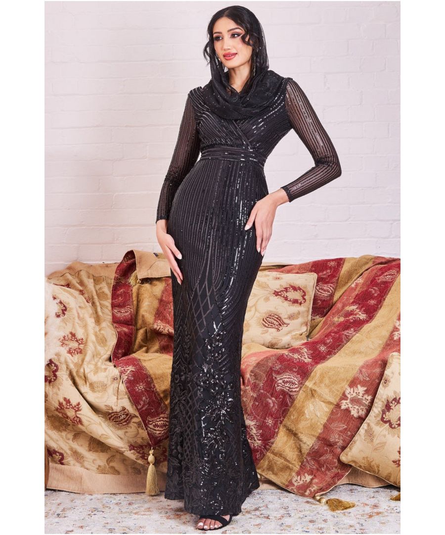 Goddiva Womens Modesty Sequin Wrap Maxi Dress - Black - Size 8 UK