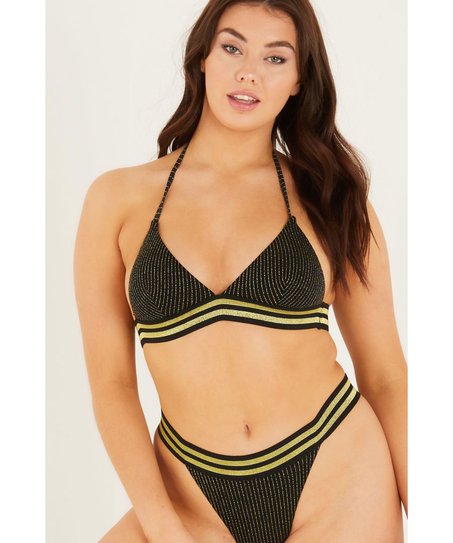 Quiz Womens Black Glitter Stripe Bikini Top - Size 8 UK