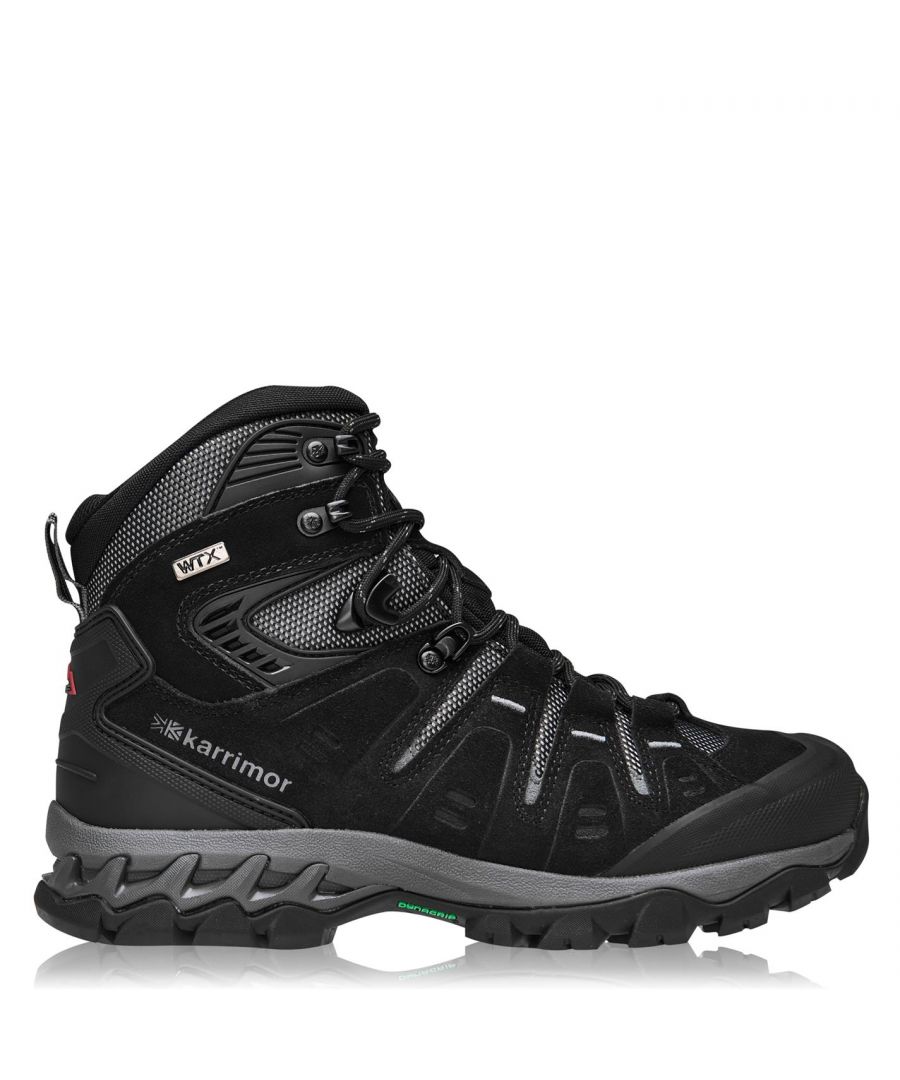 Karrimor Lynx WTX Mens Walking Boots  - The Karrimor Lynx WTX Mens Walking Boots are perfect for taking on your next hike, crafted with a high cut padded ankle collar teamed with a lace closure for a secure fit, while the cushioned insole and midsole provide a comfortable ride. A durable moulded outsole with deep lugs ensures traction on a wide range of surfaces, along with a WTX treatment that provides protection from the elements, finished off with the Karrimor branding.  > Weatherproof: Waterproof > Upper: Suede > Waterproof Technology: Weathertite Extreme > Sole Technologies: Dynagrip > Midsole Technologies: Frame Flex Chassis > Lining: Mesh > Fastenings: Lace Up