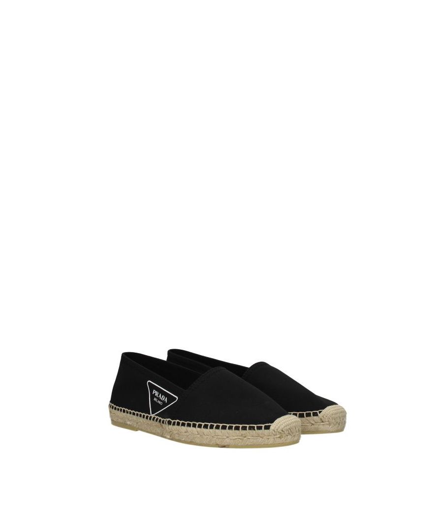 The product with code 2DE125GUDF0002 fabric is a men's espadrilles in black designed by Prada. It has features like side logo. The product is made by the following materials: fabricHell height type: low and flatBottomed Shoes is rubberRound toeThe product was made in Spain